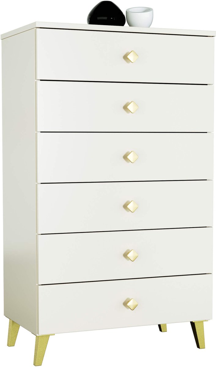 Nachtkastje MOBI Kasjmier met 6 Lades / AKORD Furniture Factory / Kasjmierkleur met Gouden Handvatten / 60 x 104 x 37 cm