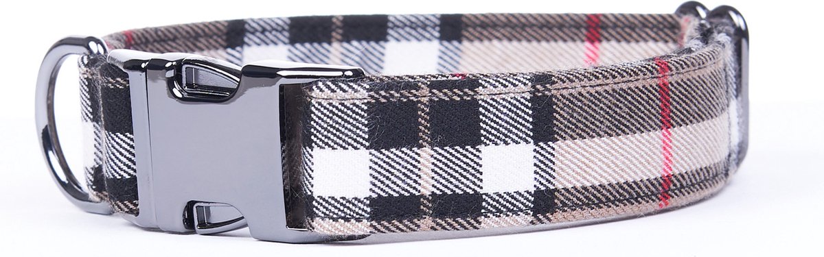 Awesome Paws halsband hond - Honden Halsband plaid patroon - hondenhalsband schotse ruit - Handgemaakt in Nederland | Beige Bruin - Maat M