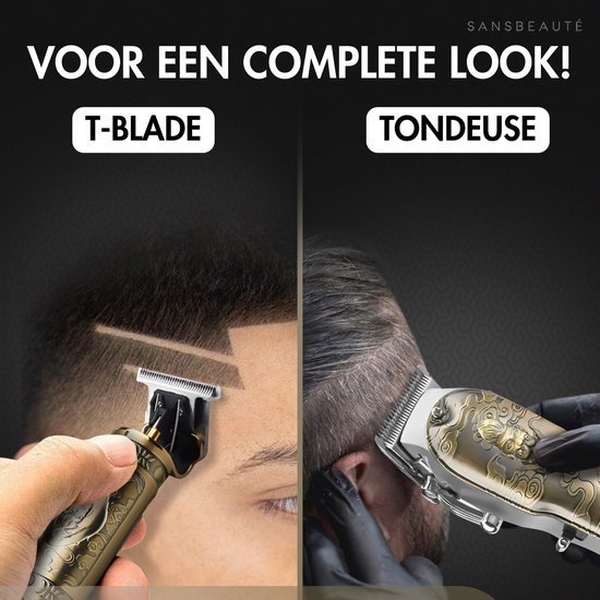 Mannen trimmen haar met Sansbeauté tondeuses: T-blade voor lijnen, grote tondeuse voor hoofdhaar.
