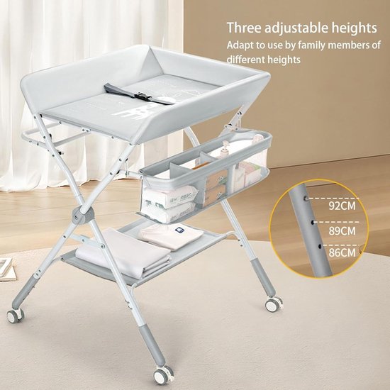Table à Langer Pliable Avec Roulettes – 80x58x90 Cm, Sac De Rangement, Hauteur Réglable, Sécurité Ceinture, Gris Clair