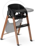Chaise haute Deryan noire avec pieds aspect bois, avec illustrations du plateau pliable.