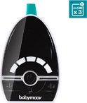 Zwarte babymoov babyfoon met turquoise top, aan/uit knop en volume indicatoren.