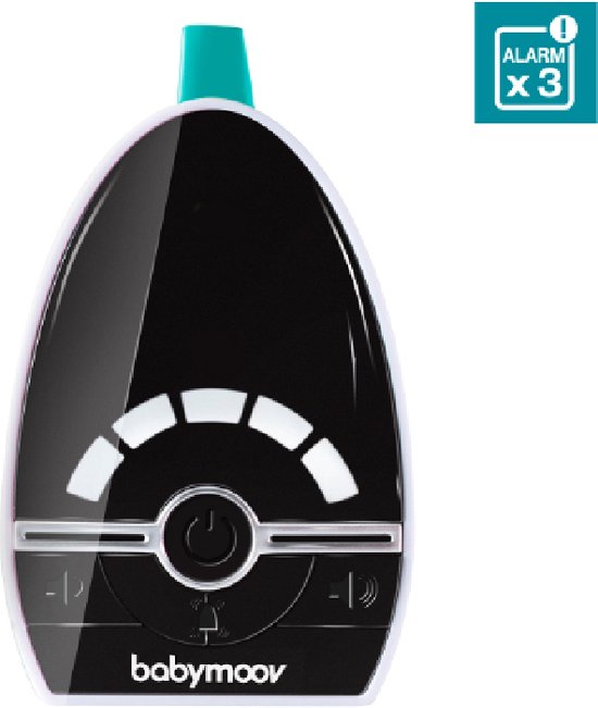 Zwarte babymoov babyfoon met turquoise top, aan/uit knop en volume indicatoren.
