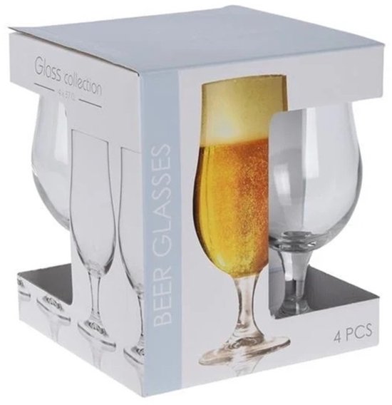 Verpakking van 4 bierglazen, 'Glass collection' 4x37cl. Een glas met bier is afgebeeld op de voorkant.
