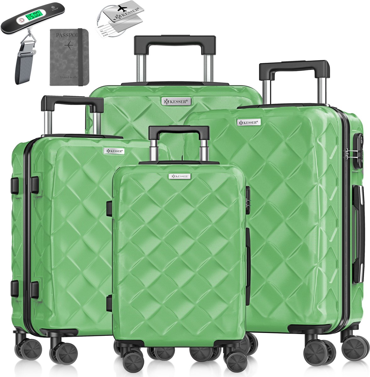 KESSER® Kofferset 4-delig | Reiskoffer met Wielen inclusief Paspoorthouder & kofferweegschaal & bagagelabel | Trolley Reiskofferset met groote Koffers & Handbagage / Ruimbagage - Apple Green