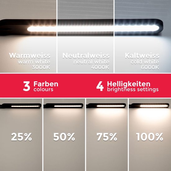 Lamp met 3 kleurtemperaturen: warm wit (3000K), neutraal wit (4000K) en koud wit (6000K). 4 helderheidsstanden.