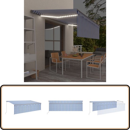 vidaXL Store banne avec LED et store enrouleur - 5x3 m - Protection solaire solaire Blauw/ Wit - Équipement extérieur - Store en aluminium - Store électrique - Panneaux solaires