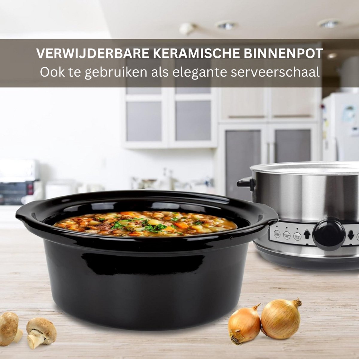 Afbeelding 3 van VELTRR® Slowcooker met Timer - Keramische Binnenpan - Hotpot - Zilver
