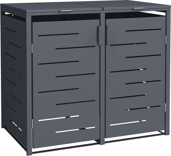 Donkergrijze containerberging voor twee kliko's, met gestreepte deuren en deuren die naar voren openen.