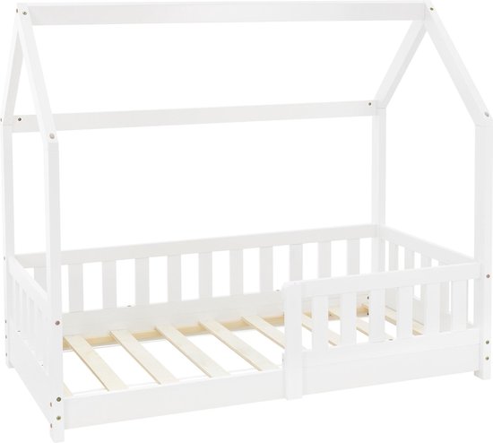 Wit huisbed met houten lattenbodem en omhullende wanden, 70x140cm.