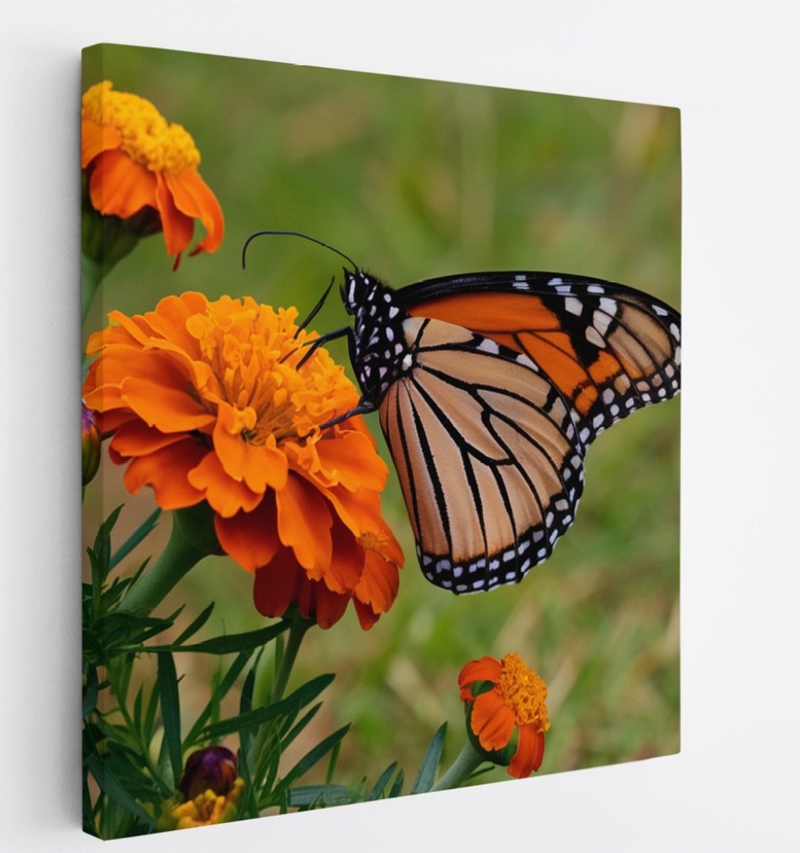 Saammp Canvas Schilderij - Vlinder - Oranje Bloemen - Dieren - Natuur - 20x20 - Foto op canvas - Wanddecoratie - muurdecoratie Woonkamer - Slaapkamer decoratie - Canvas Print Multicolor