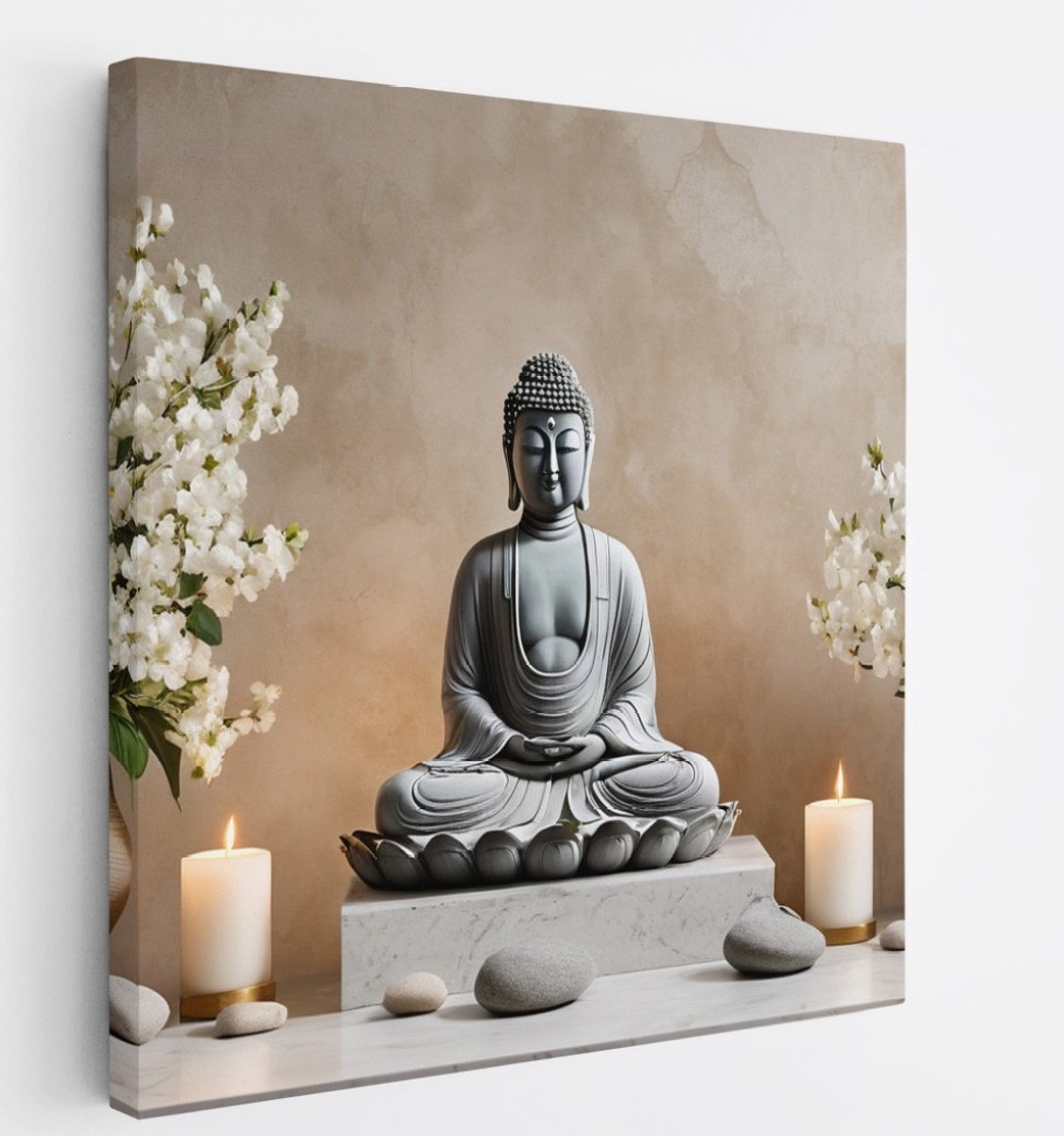 Saammp Canvas Schilderij - Boeddha met kaarsen en bloemen - 60x60 - Foto op canvas - Wanddecoratie - Muurdecoratie Woonkamer - Canvas schilderijen Multicolor