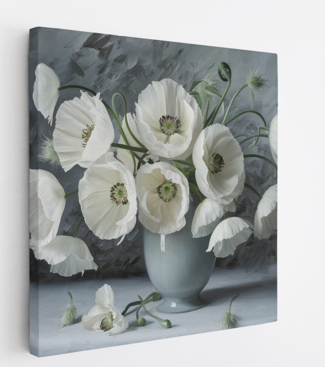 Saammp Canvas Schilderij - Witte Bloemen in Grijze Vaas - Abstract - 60x60 - Foto op canvas - Wanddecoratie - Muurdecoratie Woonkamer - Kantoor Decoratie Multicolor