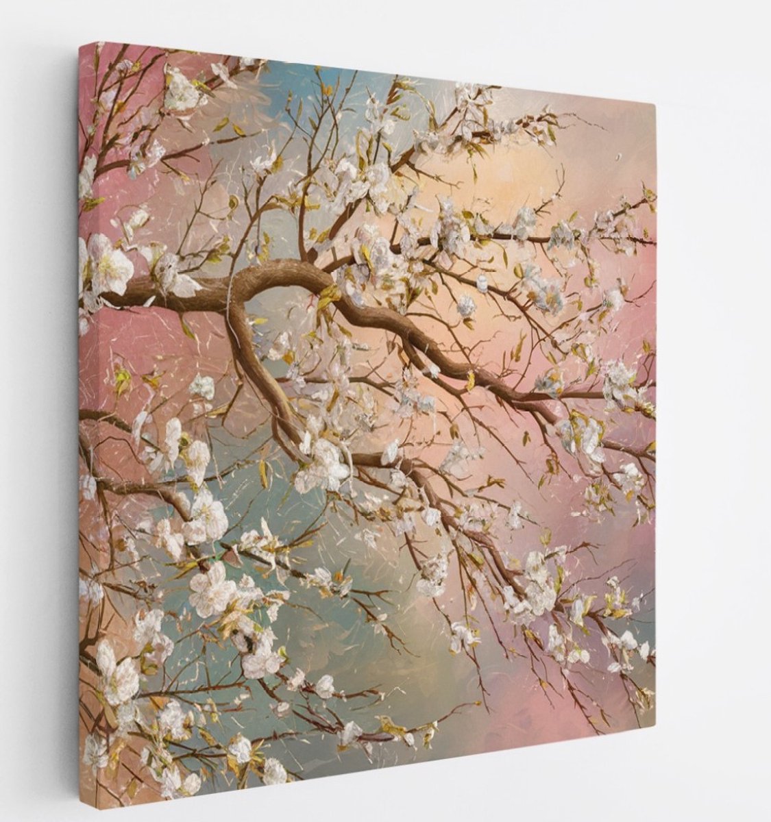 Saammp Canvas Schilderij - Tak met Bloeiende Bloesem - Natuur - Abstract - 20x20 - Foto op canvas - Wanddecoratie - Muurdecoratie Woonkamer - Kantoor Decoratie Multicolor