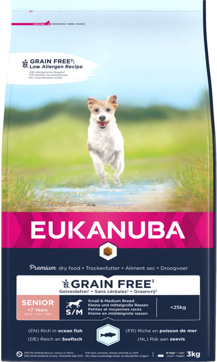 3x Eukanuba Hondenvoer Senior Small/Medium Graanvrij Zeevis 3 kg