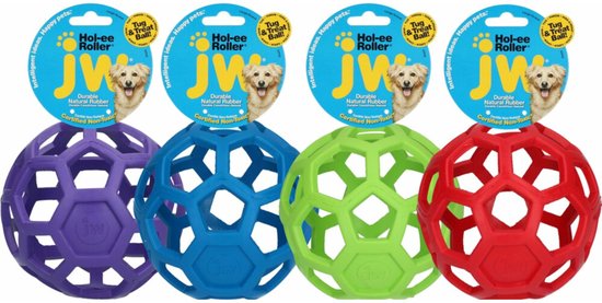 Vier JW Hol-ee Roller ballen in paars, blauw, groen en rood, gemaakt van duurzaam natuurrubber.