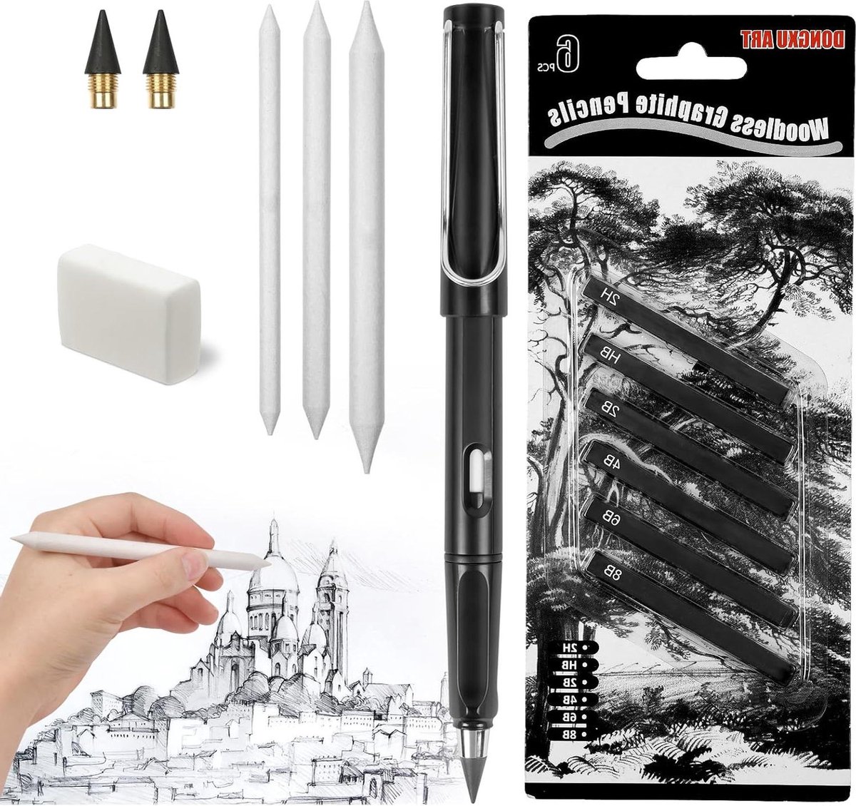 Potloodset 5-Delig Met Papiergum en Verwisselbare Wissers