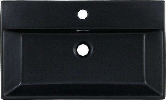 Vue de dessus d'un lavabo rectangulaire noir avec un trou de robinetterie et un trop-plein.