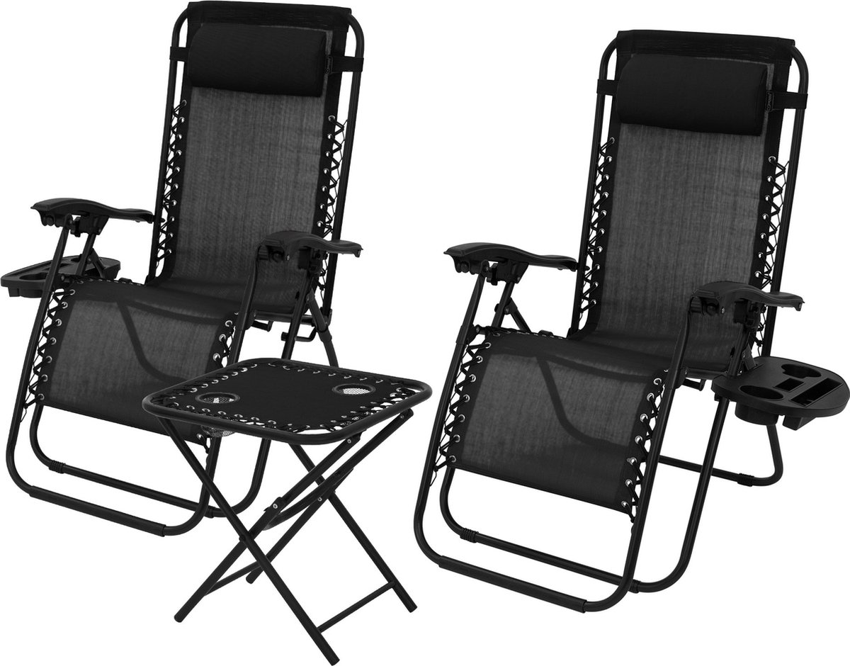 Ligstoel set 3-delig zwart opvouwbaar met tafel ML-Design