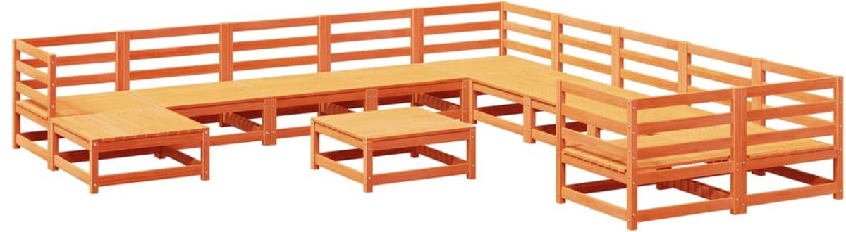 Massief grenenhouten loungeset in wasbruine kleur met loungebank en tuinset.