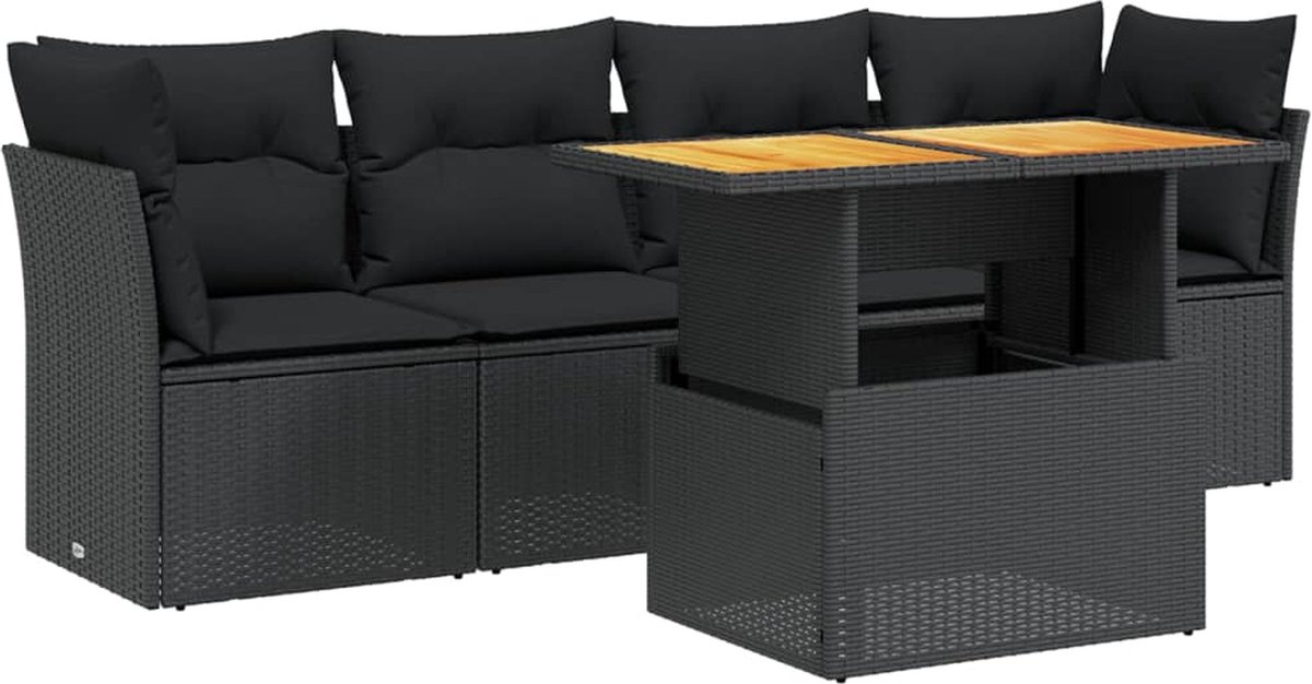 The Living Store 5-delige Loungeset met kussens poly rattan zwart - Loungebank - Lounge Set - Tuinset - Buitendecoratie - Tuinlounge