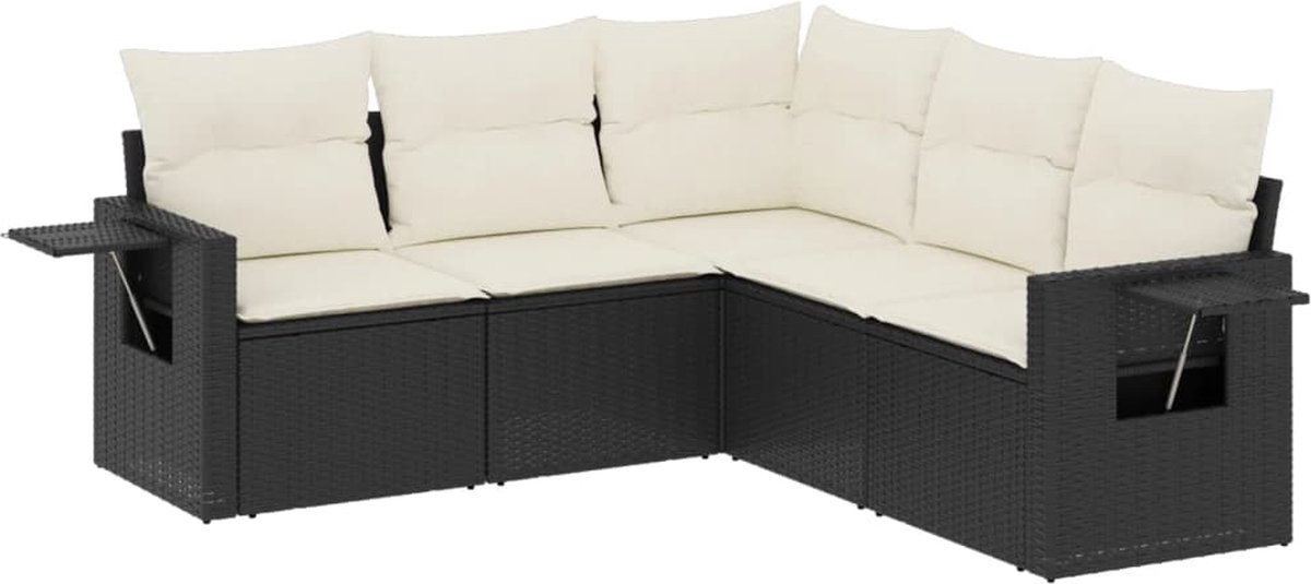The Living Store 5-delige Loungeset met kussens poly rattan zwart - Loungeset - Tuinset - Loungehoekbank - PE-rattan - Outdoor Furniture