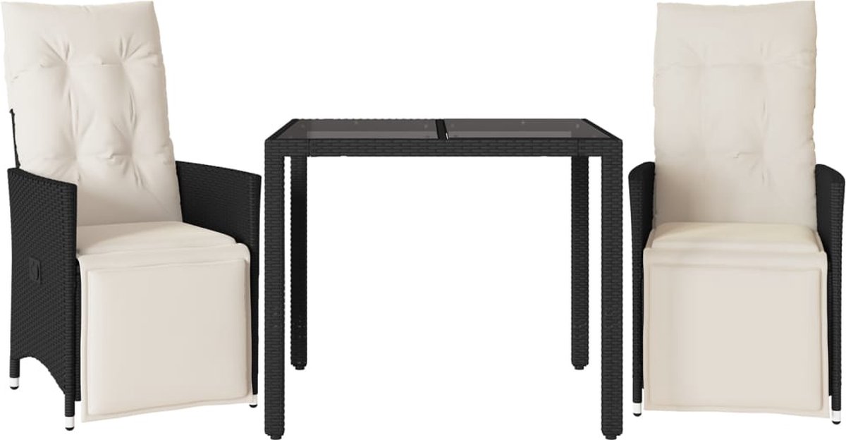 The Living Store 3-delige Bistroset met kussens poly rattan zwart - Tuinstoel - Bistroset - Lounge Set - Buitendecoratie - Outdoor Furniture
