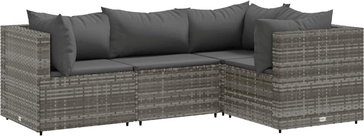 The Living Store 4-delige Loungeset met kussens poly rattan grijs - Tuinmeubles - Lounge Set - Buitendecoratie - Tuinset - Loungebank