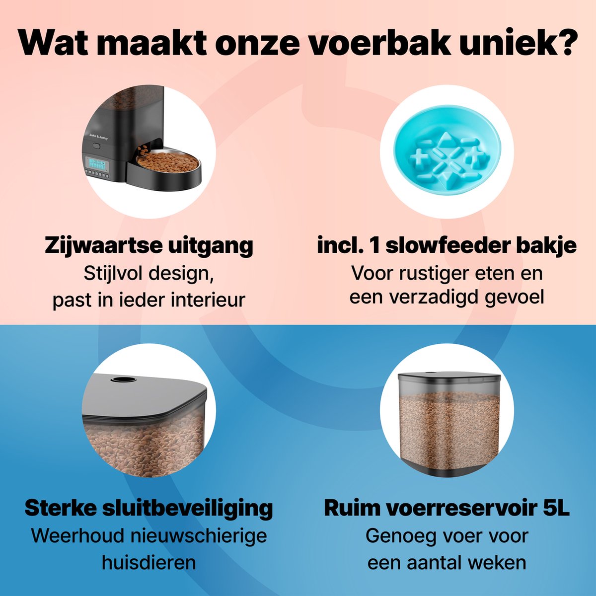 Afbeelding 2 van Jake and Jacky Automatische voerbak Kat en Hond - 5 Liter - Incl. RVS Voerbak & Slowfeeder - Voerautomaat & Anti-Schrokbak - Voerdispenser - Eetbak voor Katten & Honden - Zwart
