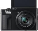 Zwarte Panasonic Lumix compactcamera met Leica-lens en een kantelbaar scherm.