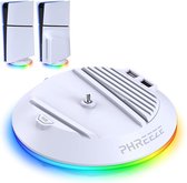 Witte PS5 Slim verticale standaard met RGB-verlichting en Phreeze logo.