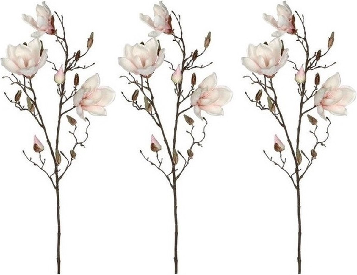 Mica Decorations Kunstbloemen Magnolia takken - 3x - 90 cm - creme wit/roze - Kunst zijde - Boeket - stelen - siertakken
