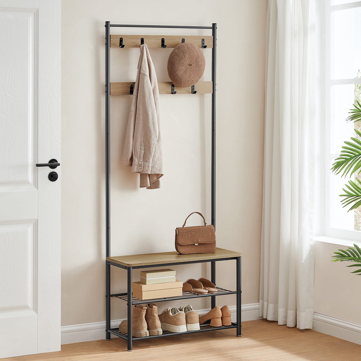 Kapstok met Schoenenrek en Bankje, Garderoberek, Industriële Stijl, Kleur: Eiken Sonoma en Zwart, Stalenframe, 175 x 70 x 32 cm – foto 2