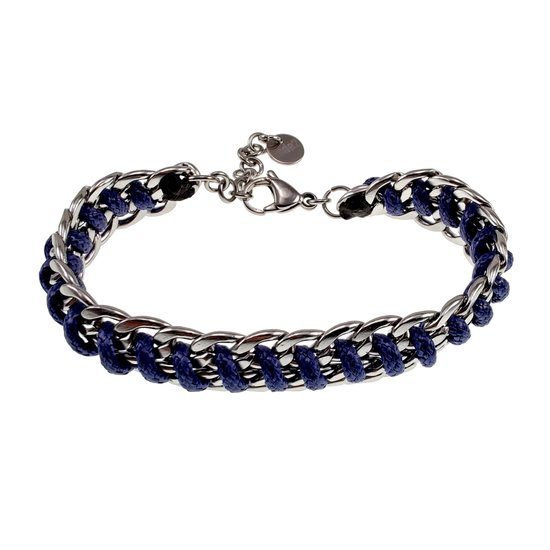 Bracelet unisexe de 15 à 19 cm - Bracelet bleu marine - Acier inoxydable poli - Bracelet à maillons cubains avec cordon bleu - Réglable