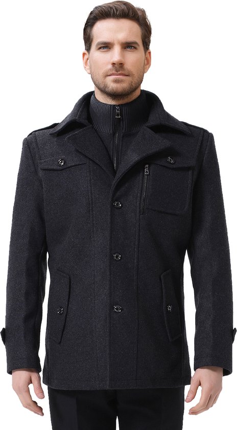 Allthemen Manteau en Laine pour Hommes avec Col Montant - Veste Chaude d'hiver Coupe Slim - S