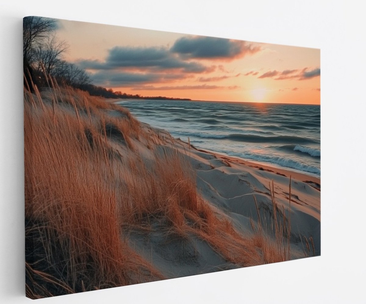 Saammp Canvas Schilderij - Zonsondergang vanuit de duinen - Strand - Zee - 40x30 - Foto op canvas - Wanddecoratie - muurdecoratie Woonkamer - Slaapkamer decoratie - Canvas Print Multicolor
