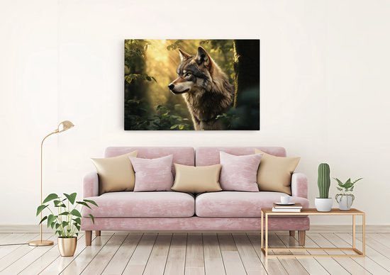 Saammp Canvas Schilderij - Wolf tussen de hoge bomen - Natuur - Landschap - 90x60 - Foto op canvas - Wanddecoratie - Muurdecoratie Woonkamer - Slaapkamer decoratie - Canvas Print