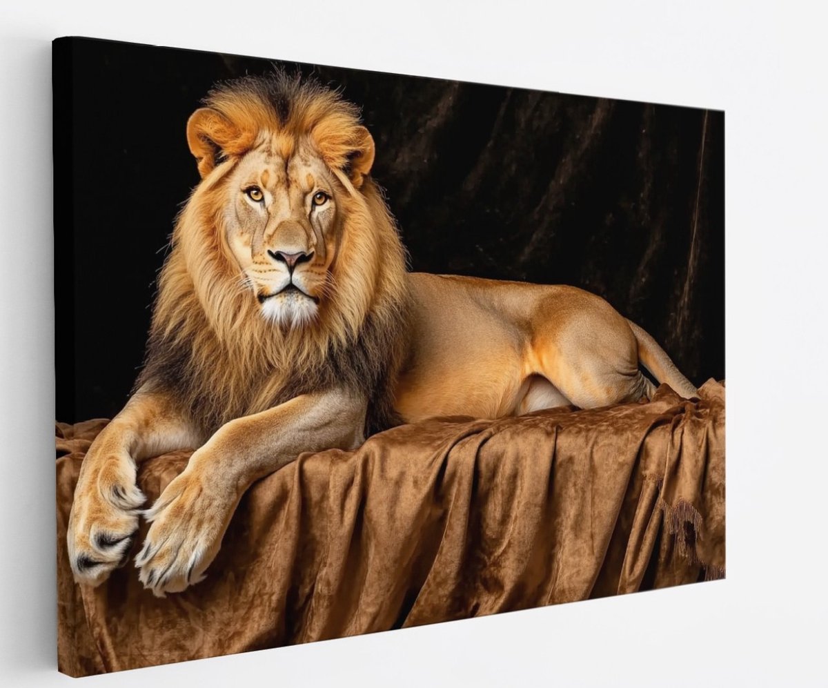Saammp Canvas Schilderij - Leeuw op deken - Kunst - Dieren - Abstract - 60x40 - Foto op canvas - Wanddecoratie - Muurdecoratie Woonkamer - Slaapkamer decoratie - Canvas Print Multicolor