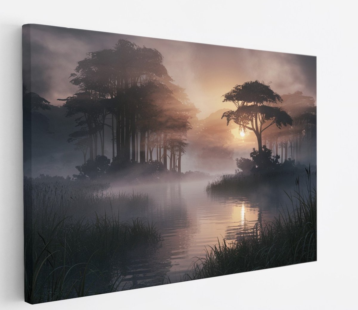 Saammp Canvas Schilderij - Water - mistig Landschap - Natuur - 150x100 - Foto op canvas - Wanddecoratie - Muurdecoratie Woonkamer - Slaapkamer decoratie - Canvas Print Multicolor