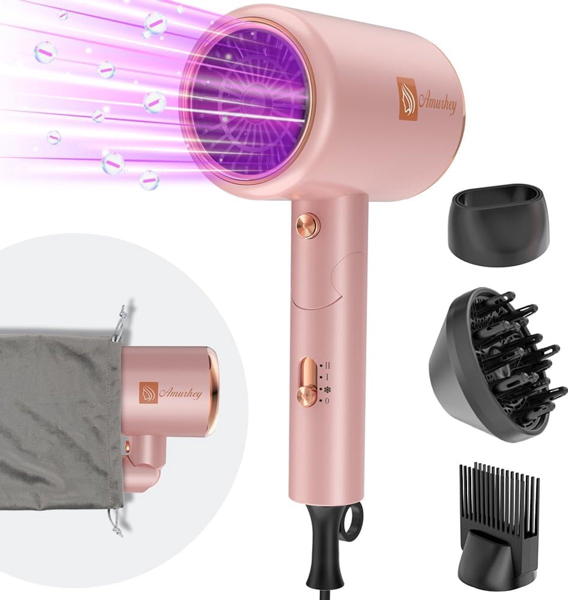 Hoge Snelheid Reisföhn met Stylingmondstukken en Diffuser - 2400W Lichtgewicht Föhn voor Onderweg