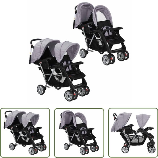 vidaXL Kinderwagen Dubbel - Kinderwagen Tweeling - Kinderwagen dubbel staal grijs en zwart - Babywagen Dubbel - Luxe Kinderwagen - Kinderwagen Grijs Zwart