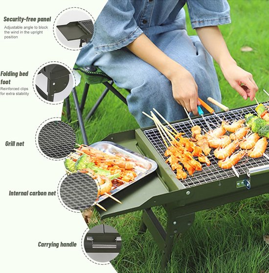 Draagbare Campinggrill - Roestvrijstalen Opvouwbare Houtskoolbarbecue voor Kamperen en Picknicken - 45 x 33 cm — afbeelding 4