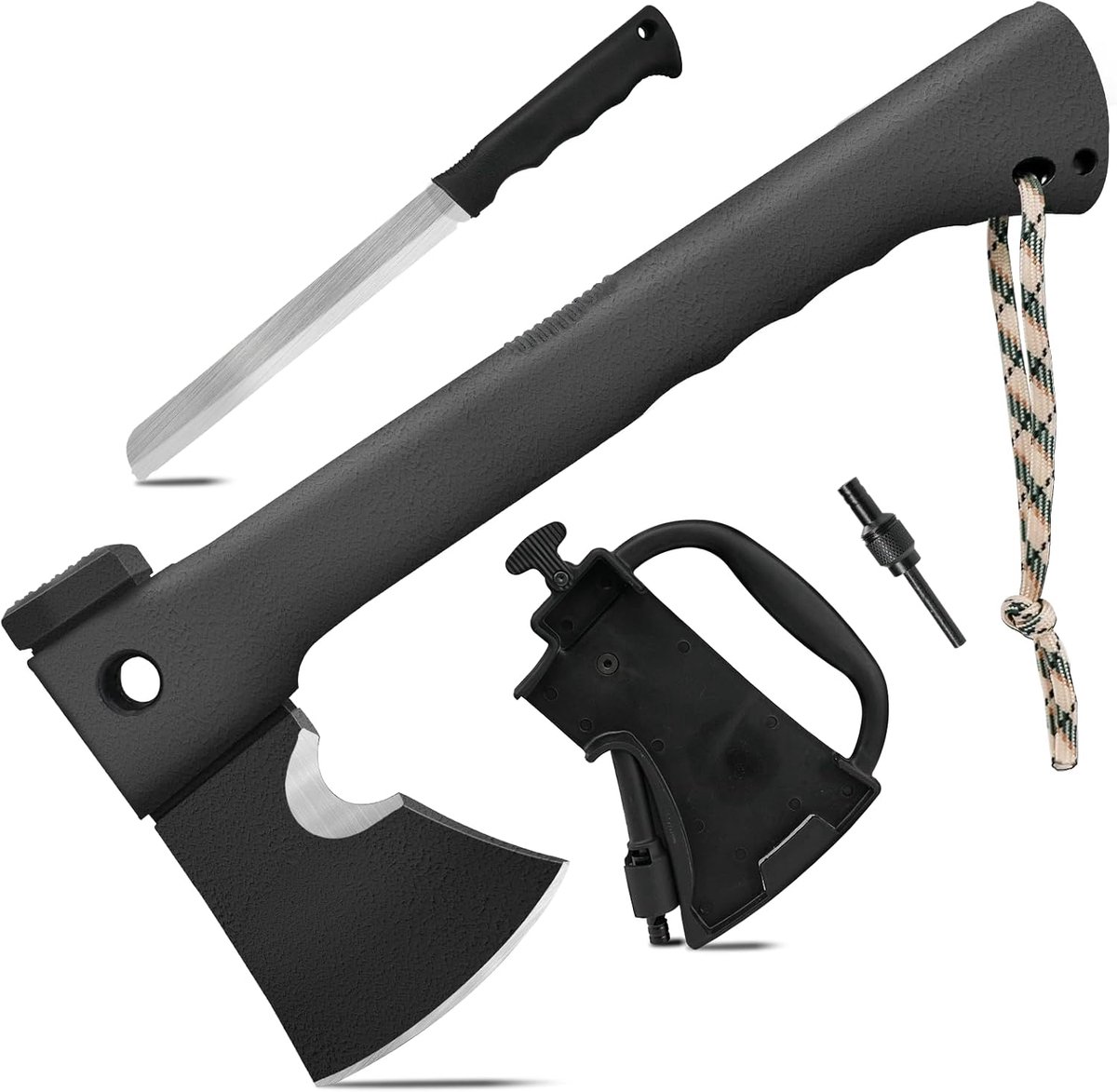 Survivalbijl 6-in-1 voor outdoor en kamperen - multifunctionele kloofbijl met hamer, touwsnijder en meer