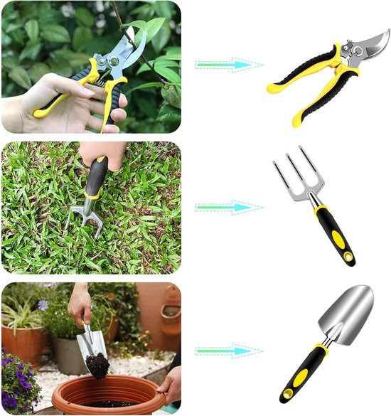 Tuingereedschapsset, 3-delige tuingereedschapsset, tuingereedschapsset voor mannen en vrouwen, met tuinschaar, schep, vork, 10 plastic plantenmarkeerders — afbeelding 3