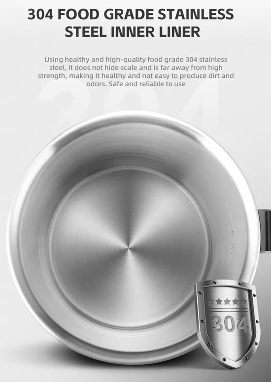 Interieur van een glazen theemaker met '304 FOOD GRADE STAINLESS STEEL INNER LINER' tekst. Glanzend roestvrij staal met een schildicoon.