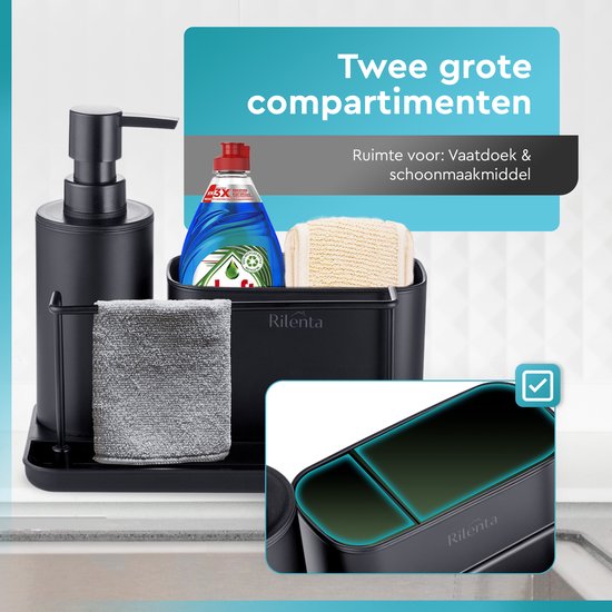 Rilenta® Organiseur de comptoir et de Cuisine avec porte-torchon et distributeur de savon - Chiffon de nettoyage inclus - Égouttoir - Support d'évier pratique pour torchons et Essuies de vaisselle - Organiseur de meuble d'évier - Zwart mat