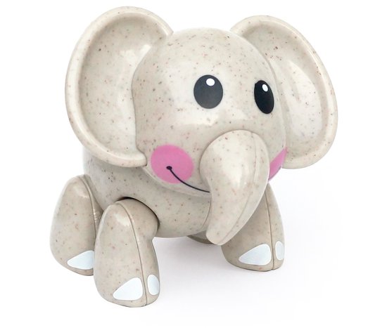 Lichtgrijze olifant speelgoed met bruine spikkels, roze wangen en witte hoeven.