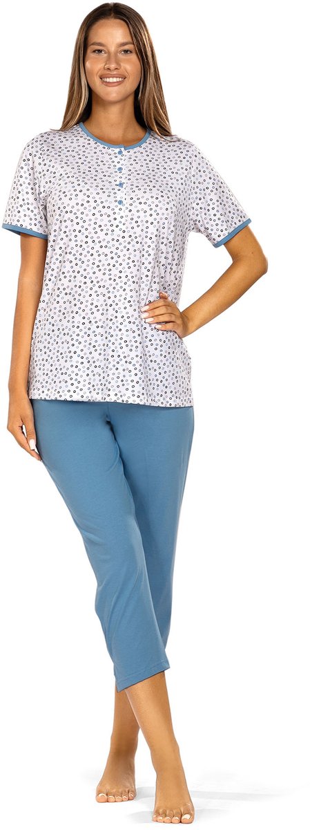 Comtessa Dames Pyjama - Katoen - Zomer - 7/8 broek - Wit Blauw - Maat 52