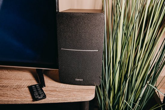 Een Edifier R1280DB luidspreker met afstandsbediening, naast een plant en een televisie.
