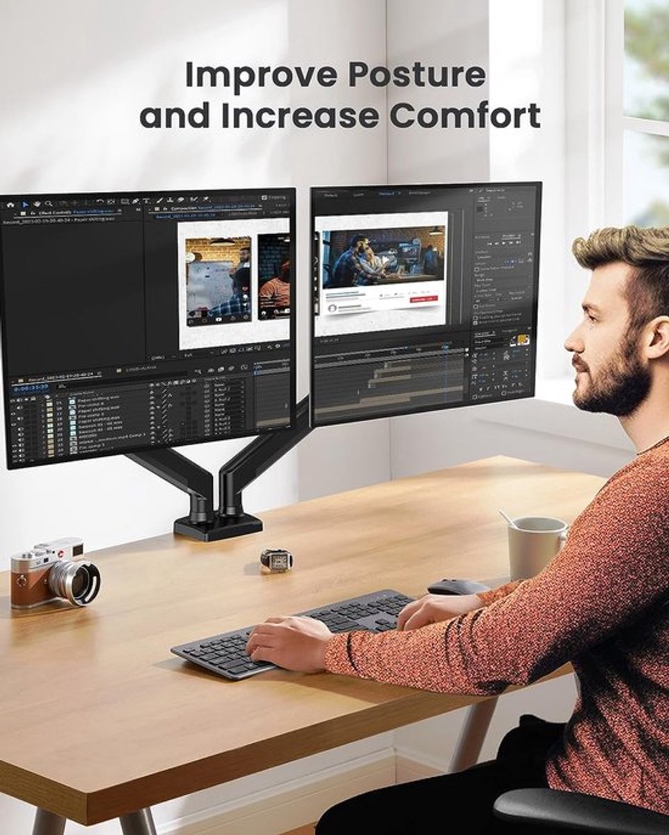 Sounix Dubbele Monitor arm - Tot 2x9kg - Monitor Beugel voor 13-32 Inch - Verstelbaar - Universeel - Zwart thumbnail 5